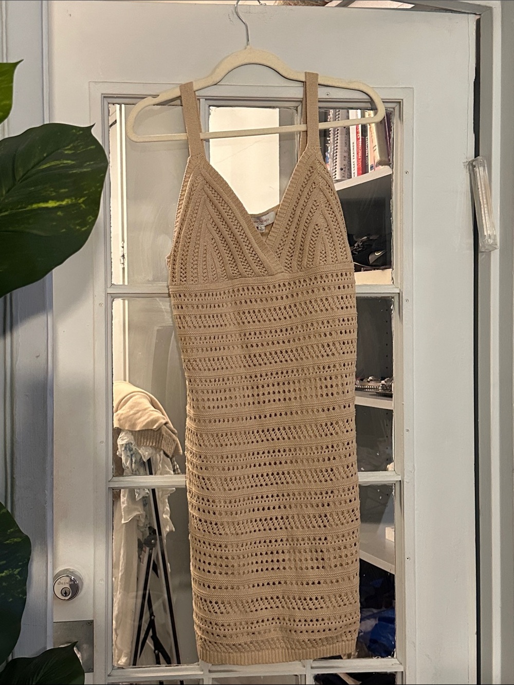 Beige Crochet Knit V-Neck Bodycon Dress